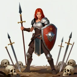 woman, warrior, shield, spear, place of battle, swords stuck in the ground, skulls on the ground, highly saturated colors, detailed illustration, digital art, overdetailed art, concept art, full character, character concept, long hair, full body shot, many colors, colorful, all colors, highly saturated colors, Dan Mumford, Peter Mohrbacher, Alfons Mucha, fantasy character, detailed illustration, hd, 4k, digital art, overdetailed art, concept art, trending on artstation