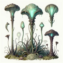 scientific botanical illustration of beautiful alien plants with glowing parts, with slimy tentacles, trending on artstation, by james jean and simon stalenhag and zdzisław beksinski
