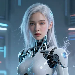 portrait of a cyberpunk beautiful young woman by Greg Rutkowski, biomechanical, highly detailed, Blade Runner background, futuristic, digital engine, luminous, vapor