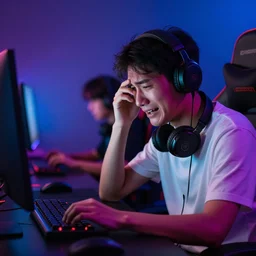 photo a crying gamer on his desk, rgb in the background, strong expression
