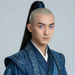 male martial artist with a mostly shaved head and a high ponytail!!! asian facial features and blue eyes!! intricate ornate blue robes!! character concept art, sharp focus, octane render! unreal engine 5! highly rendered!! trending on artstation!! detailed linework!! illustration by artgerm, wlop, and chie yoshii