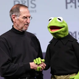 Photograph of Steve Jobs shaking hands with Kermit the Frog