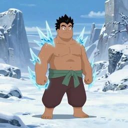 A buff guy, with Ice Powers, standing in a snowy vista. Still from Avatar the Last Airbender (2009). Anime Style. 4K HD Wallpaper. Premium Prints Available.
