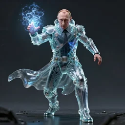 a portrait of weak putin magician in glass armor releasing spell, full height, moving forward, cyberpunk concept art, trending on artstation, highly detailed, intricate, sharp focus, digital art, 8 k