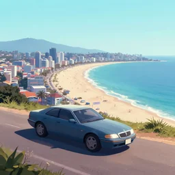 “ a car on a cliff outlooking a city and beach, vaporwave”