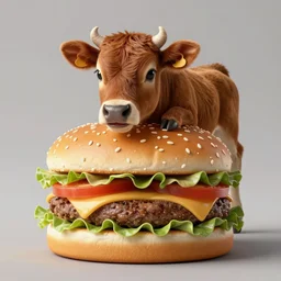 a brown calf animal on a hamburger, photorealistic, studio lighting
