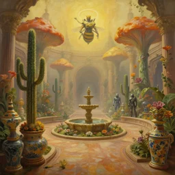 an oil painting by donato giancola, warm coloured, cinematic scifi luxurious futuristic foggy victorian garden circular courtyard with bulbous alien floral fungi cactus growing out of pretty ceramic baroque fountains, gigantic pillars and flowers, beeple, halo, star wars, ilm, star citizen, halo, mass effect, artstation, atmospheric perspective