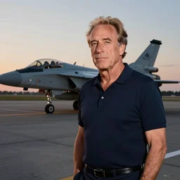 aesthetic illustration of jeffrey epstein, wearing a dark blue polo shirt, standing near fighter jet on an empty runway at dusk, high detail, volumetric lights, award winning photo