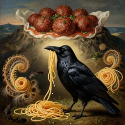 a raven with spagetthi instead of feathers, intricate and detailed spaghetti fractals, a mountain of meatballs in the background, by giuseppe arcimboldo, epic composition, rim light, photorealistic