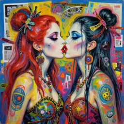 acrylic painting of two bizarre psychedelic goth women kissing in china in summertime, speculative evolution, mixed media collage by basquiat and jackson pollock, maximalist magazine collage art, sapphic art, psychedelic illustration