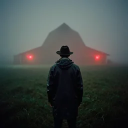 analog portrait photograph of a man from the back wearing a raincoat and a hat, alone in a field and thick fog and mist at night by alex prager and mark owen. a barn in the background. red lights. bokeh. cinematic. hq. detailed. contrast. cinestill 8 0 0 t