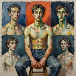 portrait of an figure sitting on a stool, by vincent lefevre and hernan bas and pat steir and hilma af klint, psychological, photorealistic, symmetrical face, dripping paint, washy brush, rendered in octane, altermodern, masterpiece