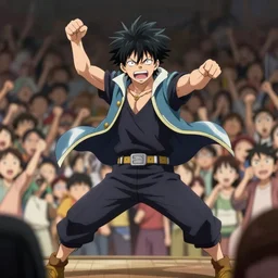 An anime character giving a display of power in the middle of the crowd, hyper-realistic
