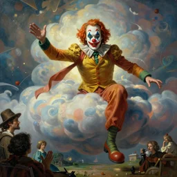 art masterpice, comical clown faced brad pitt descending from the clouds, intricate, beautiful cinematic lighting, stunning painting by artgerm, caravaggio, android jones, wadim kashin