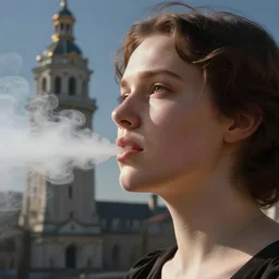 closeup portrait of frankenstei breathing vaporwave clouds.. a rococo tower in the background