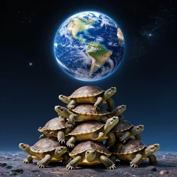 a stack of turtles in space beneath a globe of the earth, earth globe on top