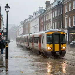 train traveling through a flooded regent street in london during a storm surge, heavy rain, wind, stormy, a stock photo by allen tupper true, trending on cg society, regionalism, iso 2 0 0, sabattier filter, sabattier effect