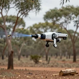 robot flying over a food forest, killing wasps with automatic lasers in the australian outback, XF IQ4, 150MP, 50mm, F1.4, ISO 200, 1/160s, natural light