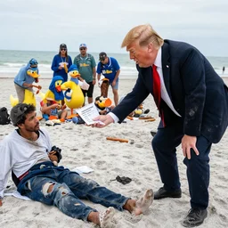 trump selling top secret documents to homeless people on the beach in florida, in torn clothes all dirty while in the background the duck duck dynasty cast eat corn dogs high quality award winning photojournalism