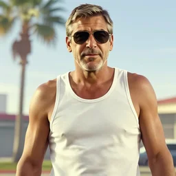 george clooney in gta v. los santos in background, sunglasses, tank top shallow depth of field, palm trees in the art style of stephen bliss