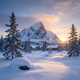 beautiful snowy landscape of sweden with a majestic sunrise, art, high detail, high definition, photorealistic, hdr,
