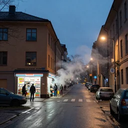 Beautiful photo of Hordes of Zombies in Stockholm, Sweden, Intersection, Storefront, alleyway, city street lights, abandoned cars, smoke, convenience store, dusk sky, city street, zombies exiting store, zombies getting groceries, hilly road, Swedish writing, looking down street, smoke, wet road, wet street, very high quality photography, dusk.