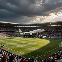 a photo of a plane crash on a crowded football field