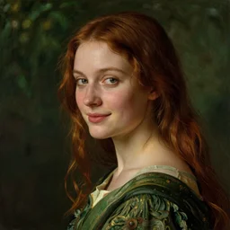 half headshot of a young beautiful woman half turned to the viewer, tired face, almost smiling, young , Pre-Raphaelite, 4k, cinematic, trending on art station, waiting, green,red, golden shades