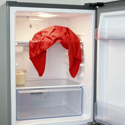 open refrigerator, in the style of red madras headdress le madras rouge by henri matisse.