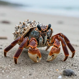 Detailed 4k photo of a Hermit crab sporting a curly mustache, on the beach, afternoon