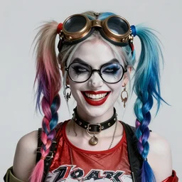 double very long braids blue, bronze steampunk welding goggles black glasses, clear makeup, tane skin, evil crazy laugh, harley quinn, portrait by shinkai makoto artgerm rossdraws james jean marc simonetti highly detailed intricate matte sharp focus digital painting artstation pixiv
