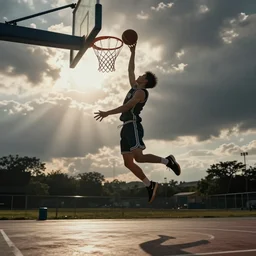 a player in uniform leaps into the air for a dunking shot