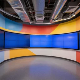 colorful industrial nbc newsroom, ceiling vents and ducts, curved walls, large hd monitors, tall industrial columns, octane render, unreal engine 5, ray tracing