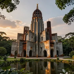 an extremely detailed cathedral of brutalist architecture, surrounded by lush green forest, accurate reflections in surrounding ponds of water, stunning volumetric lighting, sunset, rusted steel, smooth concrete, stunning skies, trending on Artstation, 8k, photorealistic, hyper detailed, unreal engine 5, IMAX quality, cinematic, epic lighting, in the style of Greg Rutkowski
