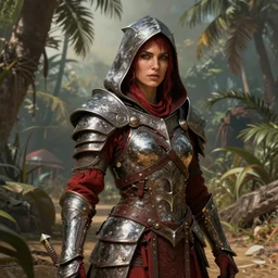 unknown the elder scrolls vi hammerfall, charismatic rugged female redguard character portrait partially clothed in hooded metal - plated exquisitely detailed hooded battle armour, desert, tropical jungle setting, atmospheric lighting, painted, intricate, volumetric lighting, beautiful, rich deep colours masterpiece, sharp focus, ultra detailed by leesha hannigan, ross tran, thierry doizon, kai carpenter, ignacio fernandez rios