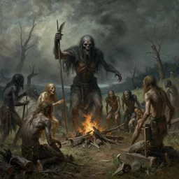menacing neolithic cannibal camp, by ivan shishkin. trending on artstation