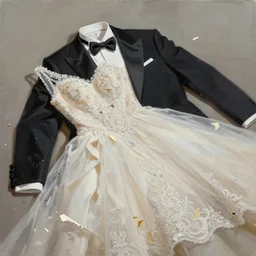 a messy painting of a tuxedo close - up, wedding dress laid on top, artstation