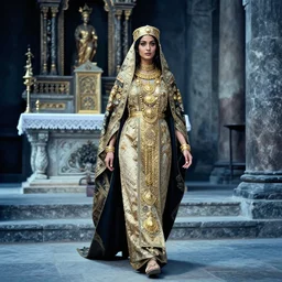 lomography, full body portrait photo of women like reol from a distance as a priestess wearing ornate gold jewelry and robe walking past a altar in a ancient temple interior, moody, realistic, dynamic perspective pose, light blue filter, skin tinted a warm tone, hdr, rounded eyes, detailed facial features, alphonse mucha, heian, black white gold