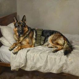 a oil painting of a humanoid german shepherd beast - man, wearing military outfit, lying on a humble unmade bed wrinkled bed sheets