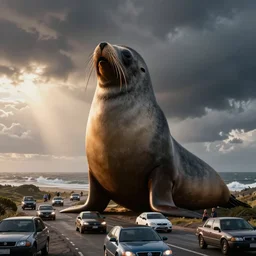 a giant south american fur seal australis in a route full of cars, by tomer hanuka, john kenn mortensen, crhistopher nolan, octane render, dramatic ilumination