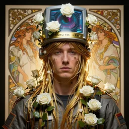 hyperrealist portrait of a 2 0 4 4 space sport engineer, it is decorated with long gold wires and white roses that fall like vines and wears a huge computer crown. by jeremy mann and alphonse mucha, fantasy art, photo realistic, dynamic lighting, artstation, poster, volumetric lighting, dramatic light, very detailed faces, 8 k, award winning