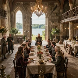 vikings celebrate in a luxurious dining hall 1 8 th century, lake, gardens, epic cinematic hyperrealism masterpiece, realistic shaded lighting by craig mallismo, artgerm, jeremy lipkin and michael garmash and hans zatzka, unreal engine, radiant light, detailed and complex environment, digital art, art station trends
