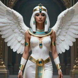 perfect white haired egyptian goddess wearing white dove wings, warframe armor, regal, attractive, ornate, sultry, beautiful, charlize theron, half asian, pretty face, blue eyes, detailed, scifi platform, 4 k, ultra realistic, epic lighting, cinematic, masterpiece, art by akihito tsukushi, voidstar, trending on artstation