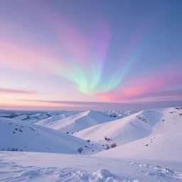 Scenic beautiful snowy landscape of snowy hills, pastel vivid sky, hyper realistic, detailed, by Ivan Choultsé and Monet, trending on Artstation, ethereal, noctilucent