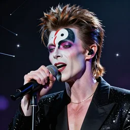 cosmic daoist david bowie with whole face yin - yang symbol painted on face, singing into microphone and comets sparkling nearby