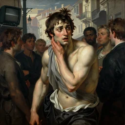 alexandre cabanel painting of a frightened young man in a street surrounded by people without eyes and crt s 1 5 0