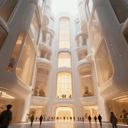 the inside of a very tall building, big pods attached to the walls, big windows, octane render, warm colour scheme, white, cyberpunk architecture by zaha hadid, cinematic, scenery, unreal engine, render, cgsociety, modernism, futuristic, artstation, sci - fi, high detail, high quality, close up angle, people walking
