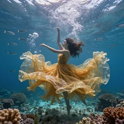 woman dancing and spinning underwater in a blur of color wearing a long dress made of many layers of translucent golden fabrics flowing in the fast current, coral sea bottom, swirling schools of silver fish, bubbles, swirling smoke shapes, octane render, caustics lighting from above, cinematic