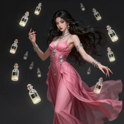 a beautiful 4 0 years old chatain hair woman in a pink - red long dress and many silver rings on her fingers with long pink nails, she levitates many precious little transparent bottle filled with a magic ivory white liquid, every bottle has a black sticker on it, fantasy, intricate, elegant, highly detailed, digital painting, artstation, concept art, matte, sharp focus, illustration, aenaluck