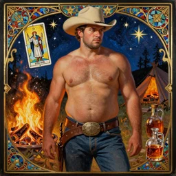 a dramatic, epic, ethereal painting of a handsome! thicc shirtless cowboy with a beer belly! wearing a large belt | background is a late night campfire! with food and jugs of whisky | homoerotic | fire, flames!, stars, tarot card, art deco, art nouveau, mosaic, intricate | by Mark Maggiori | trending on artstation